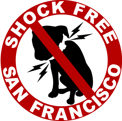 Logo for Shock Free San Francisco of a dog cowering after being shocked